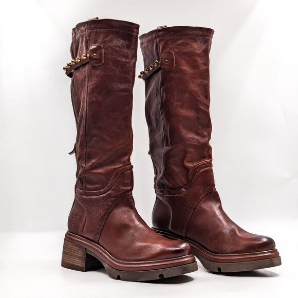 AS98 Wmn Elton Brown Leather Round Platform Moto Biker Boots 10.5-11US EUR42 - Picture 1 of 9